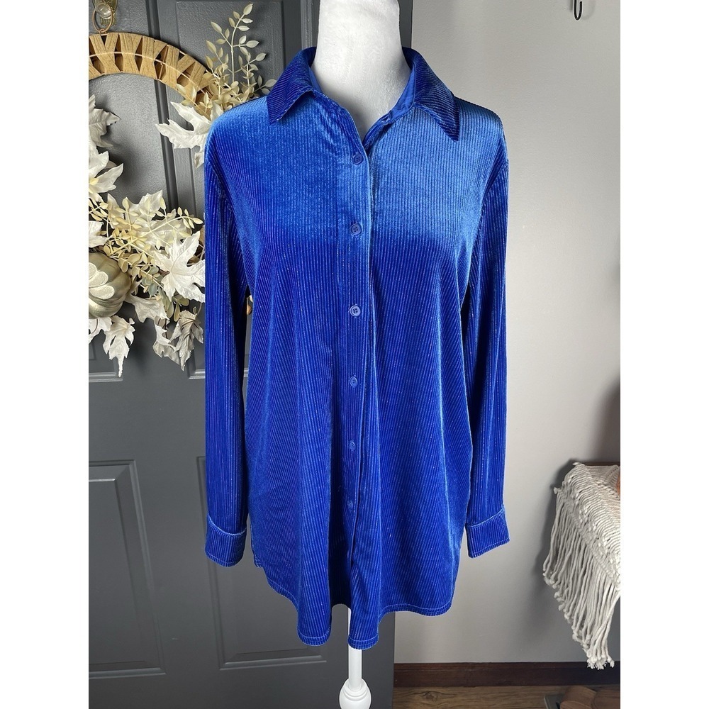 Soft Surroundings Blue Velvet Ribbed Boyfriend Tunic Top Sz M